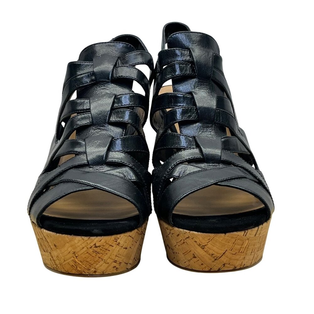 Nine West Women’s Black Leather Wedge Open Toe Josette Sandals Size 9M image 2